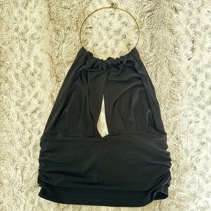 Frederick's of Hollywood Black Halter Top with Gold Hoop